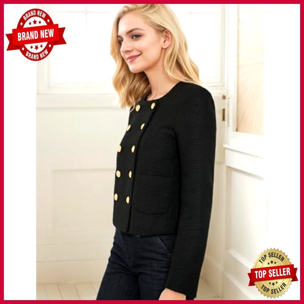 Cropped Tweed Blazer Long Sleeve Open Front Work Casual Business Jacket - Picture 2 of 6
